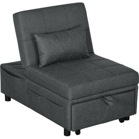 Homcom – Fauteuil convertible 1 place – Dossier réglable sur 3 niveaux – Tissu effet lin respirant – Rembourrage mousse confortable – Gris (1/5)