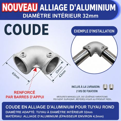 Coude de jonction en alliage d’aluminium pour tube rond 32 mm 32mm 9 79 g – Livraison gratuite