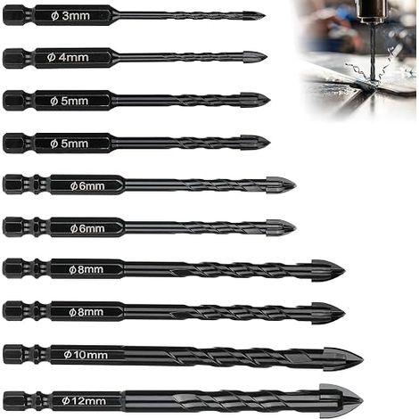 10-teiliges Fliesenbohrer-Set, professionelle Keramikbohrer Ø 3/4/5/6/8/10/12 mm, Sechskant-Glasbohrer, Hartmetallbohrer, für Keramik, Marmor, Granit, Beton, Holz, Glas und Kunststoff (1/5)