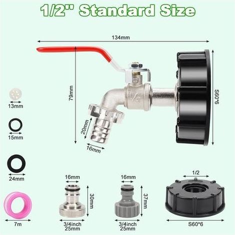 1000-Liter-Wassertank, 1/2"-Aluminiumlegierungs-Tankadapter, IBC-Wasserhahnanschluss, S60x6-Schlauchanschlussadapter für Gartenarmaturen, Regenwassernutzungsanlage (1/4)