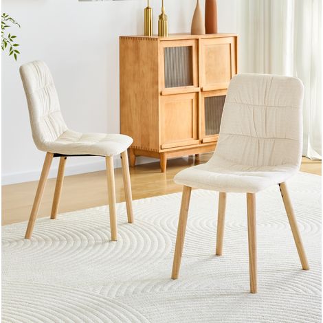 Sedia da pranzo in tessuto bianco con gambe in legno massello, ergonomica, set da 2,44×48×88cm (1/5)