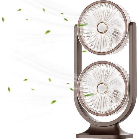 Ventilateur de table sans fil rechargeable avec 5 vitesses, double ventilateur silencieux pour bureau et maison, marron (1/2)