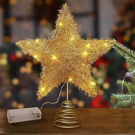 Étoile de Sapin de Noël Lumineuse Dorée 25×20 cm – Sommet d’Arbre à Paillettes – Décoration de Noël Intérieure et Extérieure (1/5)