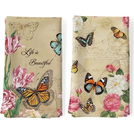Lot de 2 Torchons de Cuisine Papillon Vintage Décoratif Essuie Main Absorbante 100% Coton Plantes Floral Torchon Vaisselle Saisonnier Cadeaux pour Crémaillère et Cuisine 48 cm x 70 cm (1/5)