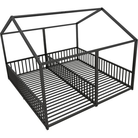 Cama infantil de metal negra 90x200 cm en forma de casita, estructura de hierro, sin colchón (1/5)