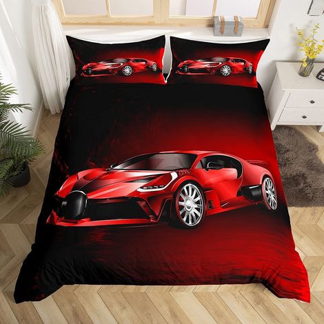 Parure de lit avec housse de couette 135 x 200 cm et 1 taie d'oreiller Motif voiture de course rouge Pour enfant garçon et fille Thème sport extrême (1/5)