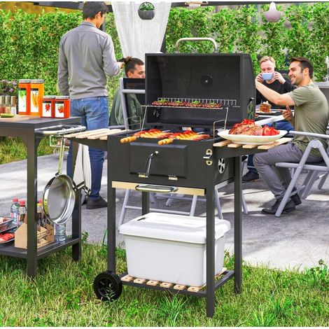 Barbacoa de carbón de acero inoxidable, carrito con tapa, termómetro, negro OKMYHOME (1/5)