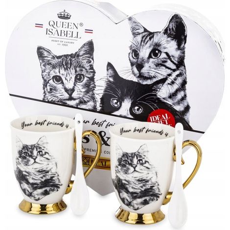 Un elegante juego de dos tazas con la imagen de un gato, ideal para regalar. (1/5)