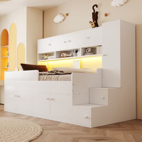Letto per bambini 238x96x150 cm, con contenitori, scaletta con vani, luci LED, legno, bianco (1/5)