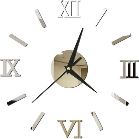Décoration de bureau Grande horloge murale 3D DIY sans cadre, chiffres romains, horloge murale miroir pour salon, chambre à coucher, décoration murale pour la maison, garniture de miroir