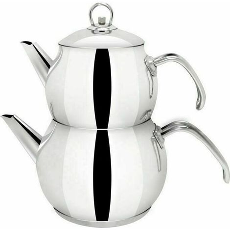 Théière turque Caydanlik, 3 tailles, acier inoxydable, compatible induction, taille moyenne (1,5 + 1 L).