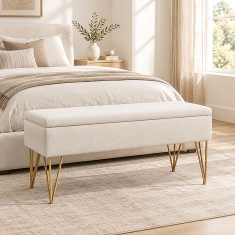Banco con almacenaje, banco tapizado aspecto lino, 100 x 40 x 49 cm, crema, OKMYHOME (1/5)