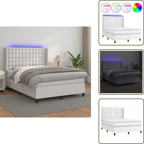Boxspringbett mit Matratze & LED Weiß 140x200 cm Kunstleder - Boxspringbett - Doppelbett - Bettenrahmen - Lederbettwäsche - Luxusbett (1/5)