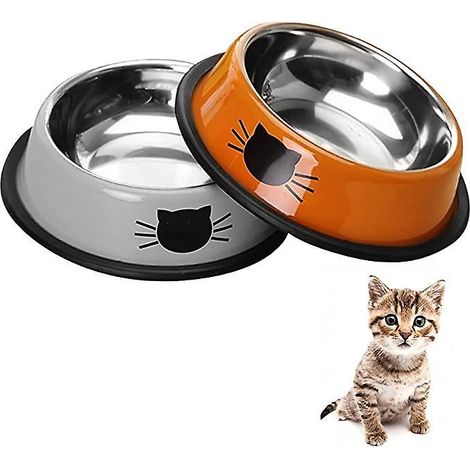 bol De Chat Bol De Chat Set De 2 Pices (orange Et Gris), Bol De Chat En Acier Inoxydable Antidrapant Ensemble De Bol De Chat, Mangeoire De Chat Et (1/5)