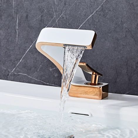 Waschtischarmatur komplett aus Kupfer, luxuriöses Golddesign mit kreativem Wasserfalleffekt, Einlocharmatur für Waschtisch, Warm- und Kaltwasser. (1/5)