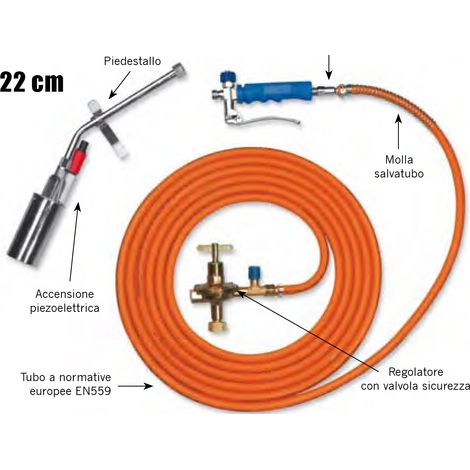 Cannello fiamma 2 ,lancia 22 cm campana 50 mm, tubo 10 mt regolatore ap (1/2)