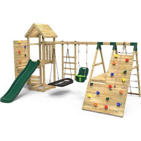Rebo Wooden Climbing Frame with Vertical Rock Wall, Swing Set and Slides - Cairngorm+