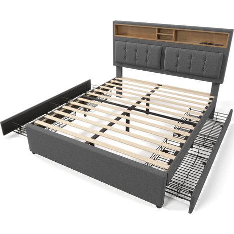 Letto matrimoniale imbottito 140x200 cm grigio con 4 cassetti, USB-C e testiera regolabile (1/5)