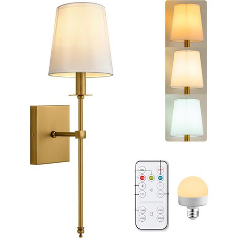 Applique murale rechargeable avec télécommande — 3 couleurs réglables, abat-jour en tissu blanc, culot E27 — Chambre, salon, couloir (1/5)