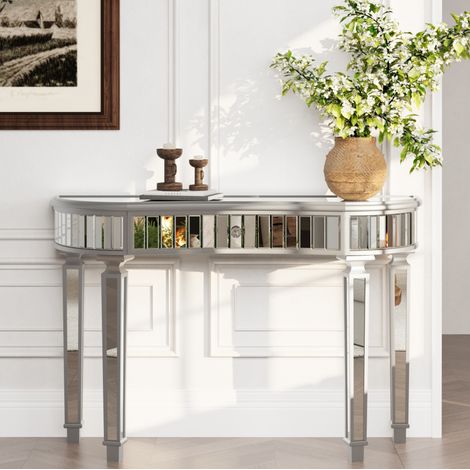 Consola 120x38x78 cm gris y plateado en vidrio y MDF con cajón, diseño semicircular espejado (1/5)