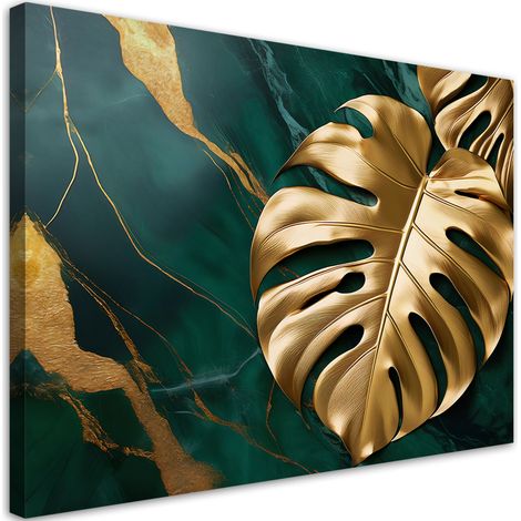 Tableau déco monstera feuille d'or sur fond de marbre vert 100x70 (1/5)