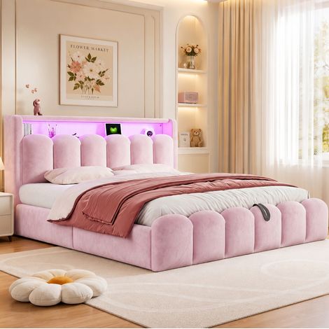 Letto matrimoniale 180/200 cm rosa in velluto con vano contenitore, LED, USB e Type-C (1/5)