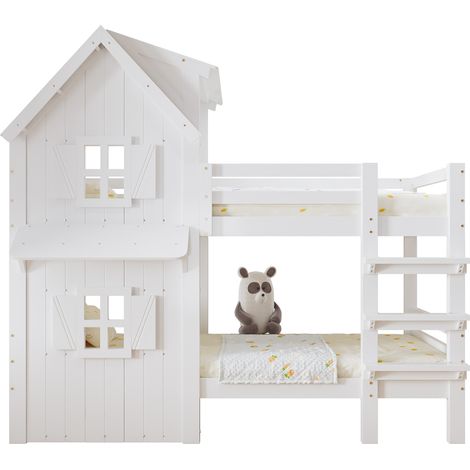 CHICFURN Litera infantil 90x200 cm de madera blanca con ventanas y techo, sin colchón (1/5)
