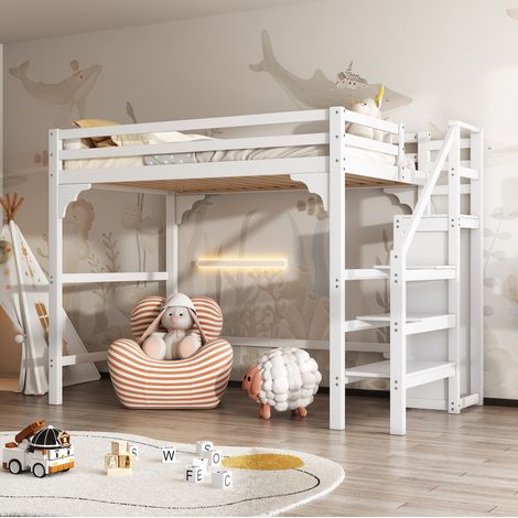 MEUBLIV Hochbett 140x200 cm weiß – mit Schrank und Treppe, ohne Matratze (1/5)