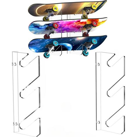 Porte-murage Skateboard Plexiglass 3 Niveaux Porte Skateboard Rack Horizontal pour Snowboards Longboards Deck 120x380x30mm 511g Transparent 2x Rack 4x Vis 4x Fixation (1/5)
