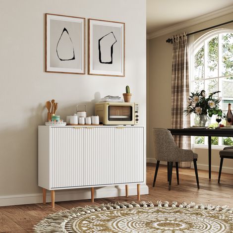 Buffet de salon avec étagère réglable, 3 portes cannelées, 107 x 35 x 80 cm, blanc (1/5)