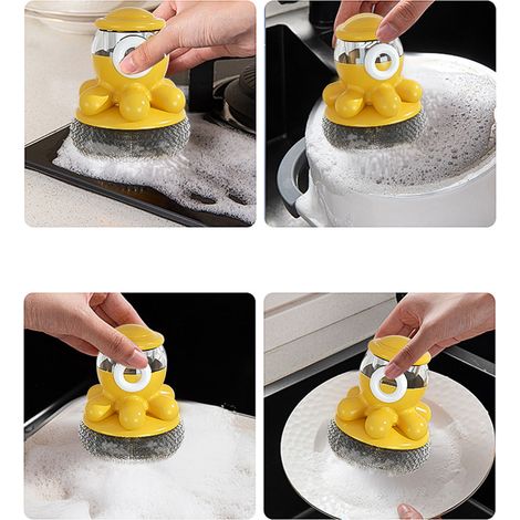 Brosse à récurer en forme de pieuvre, brosse à récurer automatique à distribution de liquide, brosse de nettoyage pour cuisinière à bouton-poussoir, douce pour les mains, antiadhésive, jaune (1993). (1/4)