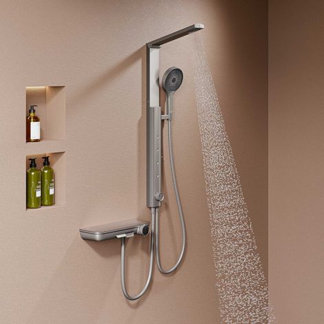 HOROW Set de ducha tipo lluvia, gris, con grifo termostático, 4 modos de masaje, plegable, regulable en altura, se puede utilizar con la bañera