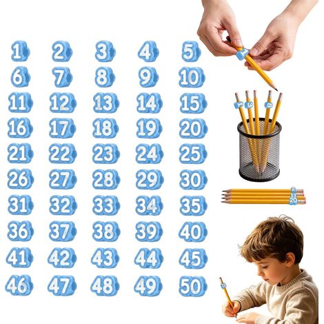 Décorations de crayon numérotées, étiquettes réutilisables pour enseignant, numéro 1 à 50,bleu clair, marqueurs de suivi de crayon pour stations d'approvisionnement et organisation scolaire (1/5)