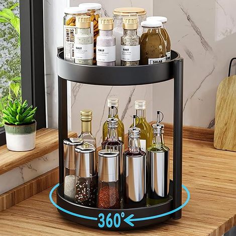 Organisateur de plateau tournant à 2 étages, en acier métallique, rotatif à 360°, étagère à épices multifonctionnelle, pour cuisine, salle de bain, cosmétique, 25 cm, noir (1/5)