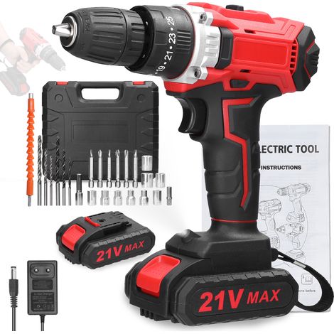 Perceuse Visseuse Sans Fil 21V, Kit Multifonction avec 25 Réglages de Couple, Vitesse Variable, LED, 24 Embouts et 2 Batteries Lithium (1/5)