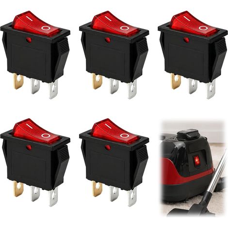 5PCS Interrupteurs à Bascule Lumineux Rouge,Interrupteur ON/OFF SPST 3 Broches pour Usage Industriel et Domestique, Compatible AC 250V/15A et 125V/20A, Modèle KCD3-101 (Red) (1/5)