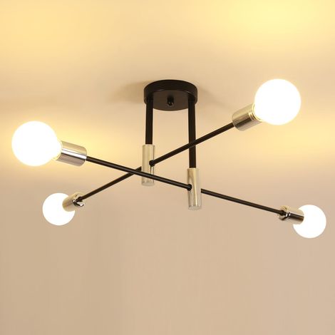 Plafonnier Lustre Industriel, 4 Lumières E27, 71CM, Noir+Chromé (1/5)