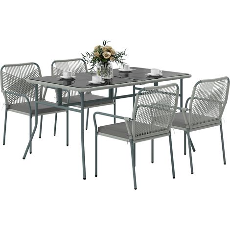 Five-Piece PE Rattan Garden Dining Set with Cushions & Stackable Chairs - Light Grey