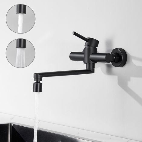 Cecipa Miscelatore Cucina a Parete Nero, Rubinetto Lavello a Parete con 2 Getti, Miscelatore Cucina Girevole a 360° Rubinetti Lavello Acqua Calda e Fredda