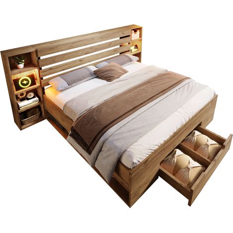 Letto Contenitore 160 x 200 cm in Legno e Metallo, Letto Matrimoniale con 2 Cassetti, LED Regolabile, Porte USB e Type-C, senza Materasso, Rovere (1/5)