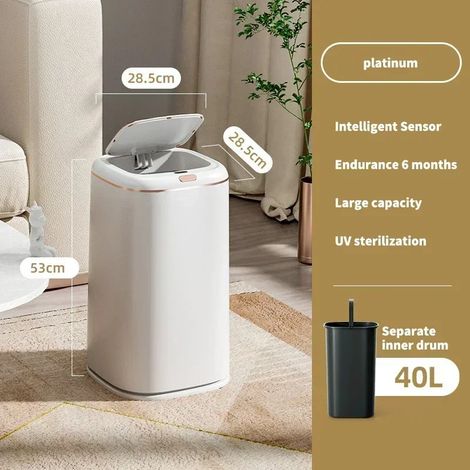 Poubelle de cuisine intelligente (40 L, blanche) avec capteur, étanche, idéale pour la salle de bain et le salon, avec couvercle. (1/3)
