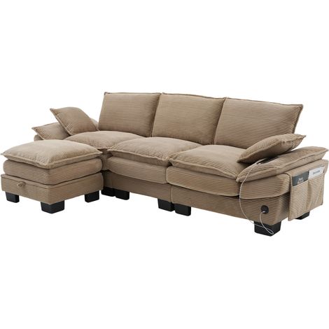 CHICFURN Sofá modular 3 plazas 260x132x84 cm de pana caqui con puff y USB-C (1/5)