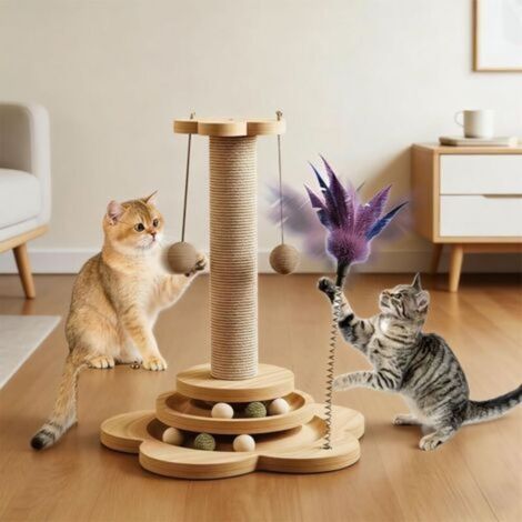 Jouet pour Chat Intérieur en Bois 4 en1,50CM Colonne De Griffe D'intérieur en Bois,Arbre à Chat avec Jouets,Arbre à Griffoir Corde en sisal avec Balle Tournante, Plumes, pour Chats (1/5)