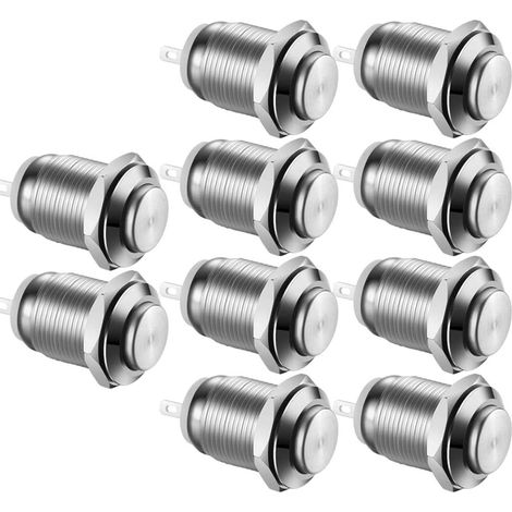 Lot de 10 Boutons Poussoirs Momentanés en Métal Etanche SPST sans Bouton Momentané 2A 12V/24V/125V/250V 12mm (1/5)