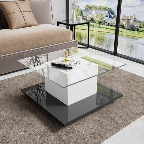 Tavolino rialzabile in vetro temperato 80 x 80 x 40 cm, LED regolabile, con ruote DESVIAE (1/5)