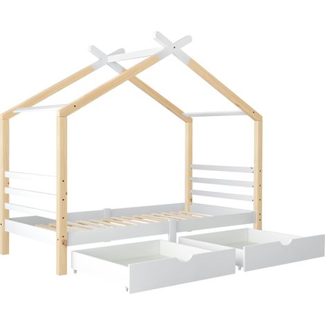 Lit cabane pour enfant avec tiroirs, bois massif avec sommier à lattes, lit cabane en pin pour chambre d’enfant et d’adolescent, blanc+couleur bois (90x200cm) (1/5)