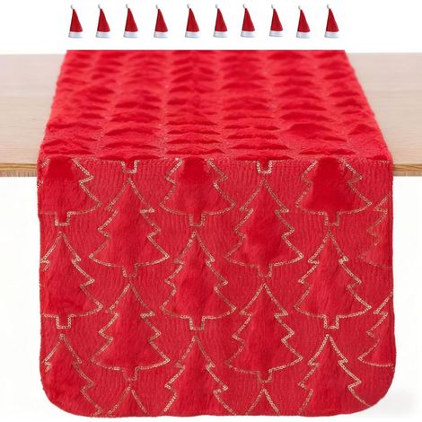 Chemin de table de Noël avec 10 mini chapeaux de Noël, 13x72 pouces en fausse fourrure douce avec sapins de Noël à paillettes, décoration festive d’hiver pour maison, fête et intérieur pour cheminée (1/4)