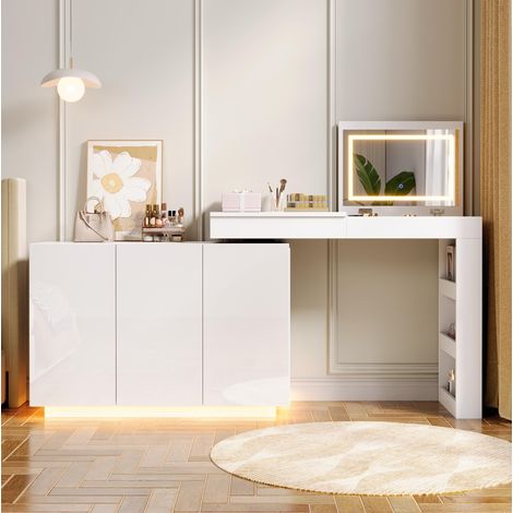Schminktisch 100/40/80 cm Weiß drehbar in L-Form mit LED und Stauraum (1/5)