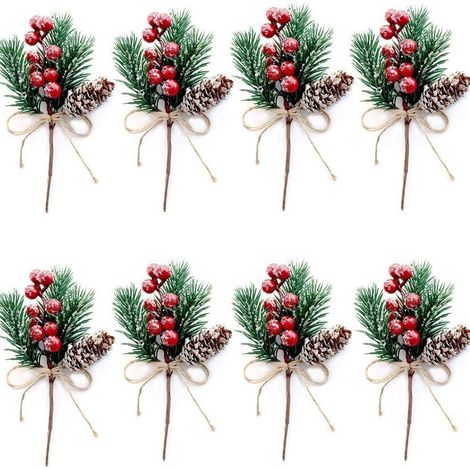 8er-Pack künstliche Weihnachtsbaumspieße, verschiedene rote Beeren, Tannenzapfen, Stechpalmenblätter, Dekoration für die Winterferienzeit (1/3)