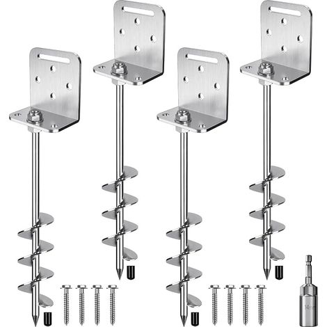 4 Pack 18" Solid Steel 10mm Ground Anchors with L-Bracket for Trampoline Mobile Home Shed Shelter Tent Ground Anchor Stakes 2" Helical Blade (1/5)